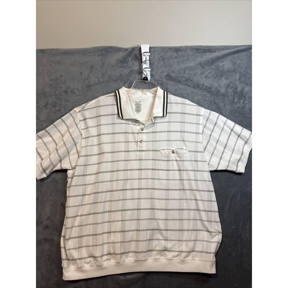 David Taylor Mens 2XL White Plaid Banded Bottom Short Sleeve Polo Shirt B336